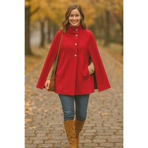 J. Peterman Red 100% Wool Cape Coat with Lion Crest Buttons Size‎ S Military